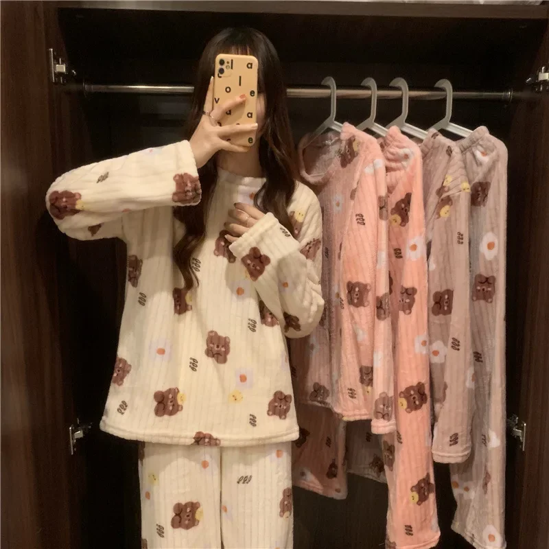 Conjunto de pijamas kawaii de 2 peças para mulheres, roupa de flanela grossa, manga comprida, pijamas dos desenhos animados, terno quente feminino,