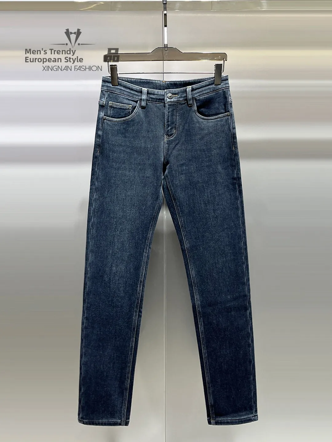 

Men's Slim Fit Fleece Lined Thickened Denim Pants Simple Daily Versatile Small Foot Pants Autumn Winter European Style Jeans