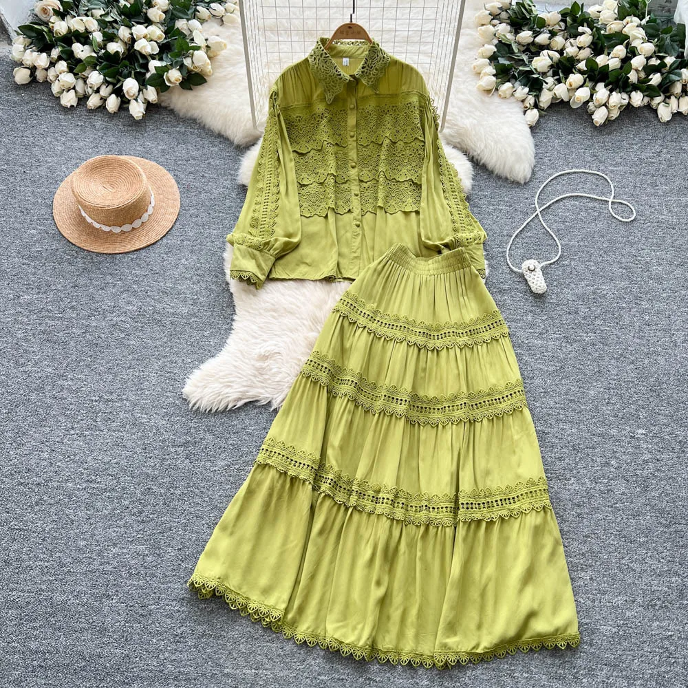 

Two Piece Sets Women Skirt Set Matching Sets Dress Sets Autumn Lace Tops Long Skirts A Line High Waist Y2k Streetwear Elegant