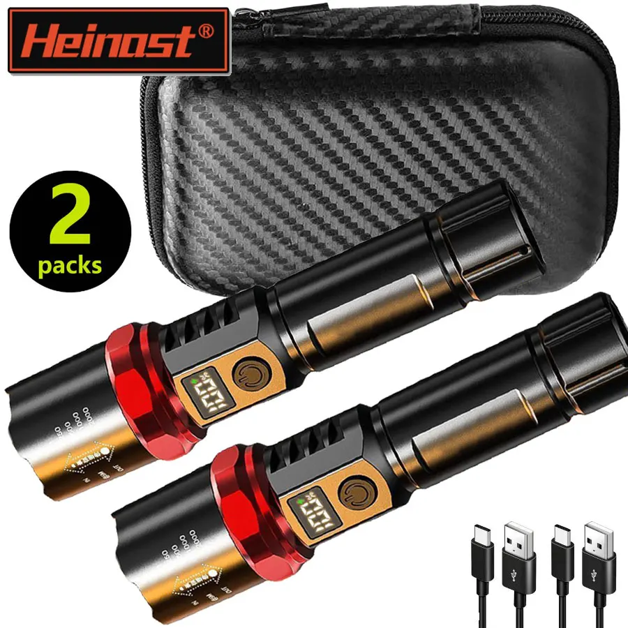 Heinast Powerful LED Flashlight With Display Rechargeable Telescopic Zoom Torch Emergency Lantern For Outdoor Camping Fishing