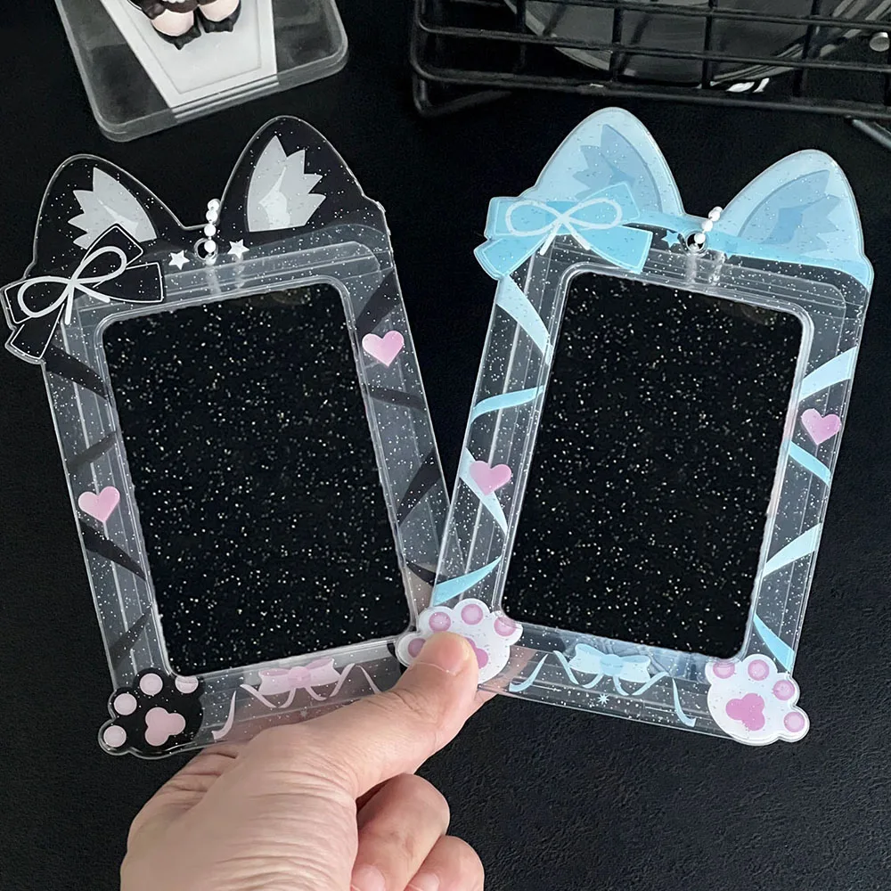 3 Inch Card Holder Cat Ribbon Pattern Photo Sleeves Cartoon Photocards Protector Lovely Glitter Card Organizer Cute Bag Pendant
