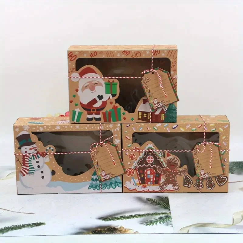 

Christmas Candy Cookies Boxes Kraft Paper Gift Box Food Bakery Treat Boxes Clear Window Decor Xmas Gift Bag Christmas Supplies