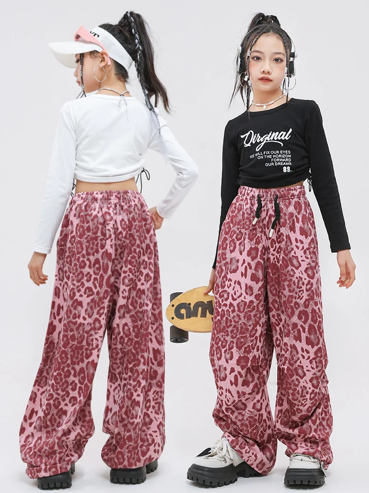 Hip Hop Girls Crop Top Pink Loose Leopard Sport Pants Kids Street Dance Slacks Children Streetwear Costume Teen Jazz Clothes Set