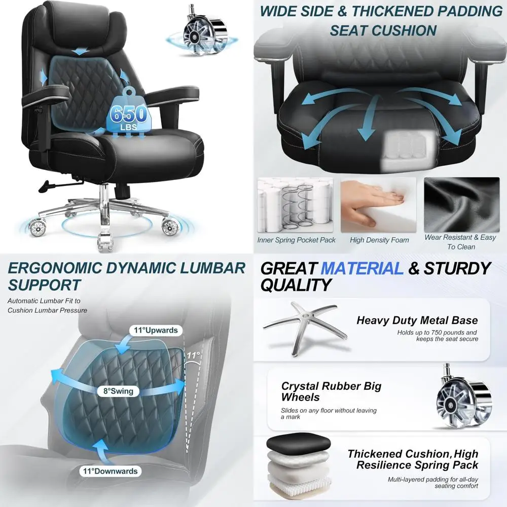 heavy-duty ergonomic office chair for 650lbs, extra wide with dual wheels
