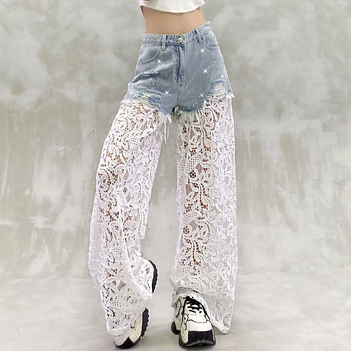 Womens Lace Insert Wide Leg Jeans Detail Cutout Denim Pants High Waisted Relaxed Fit for Summer Weekend Wardrobes