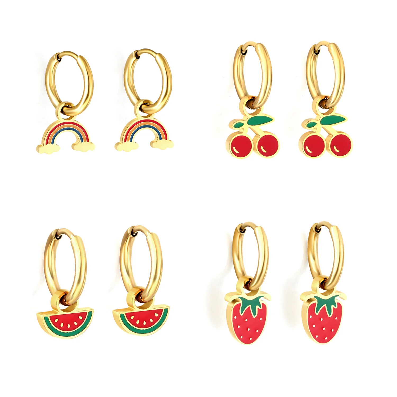 Cute Fruit Cherry Watermelon Stud Earrings Jewelry Set Stainless Steel Creative Fashion INS Waterproof Accessories for Girls