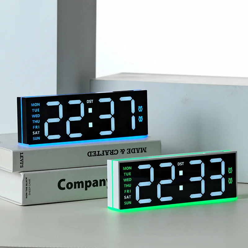 Large Screen LED Digital Wall Clock for Living Room, Multifunctional Electronic Clock with RGB Ambient Light & Dual Alarm