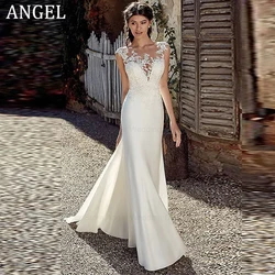 ANGEL Civil Mermaid Wedding Dress Customized Lace Scoop Neck Vestido Noiva Boho Satin White Bridal Gowns Illusion Appliques Back