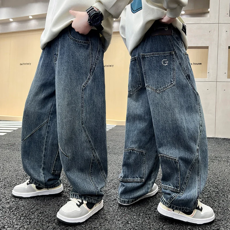 New Spring Children Luxury Jeans Pants for Teen Boys School Casual Jeans Kids Classic Designer Denim Trousers 5 6 7 8 9 11 13 14