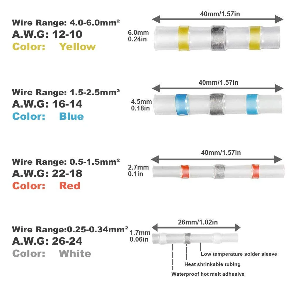 20/50/100個はんだシール電線termianls熱収縮butt防水絶縁ケーブルコネクタキット車アクセサリー