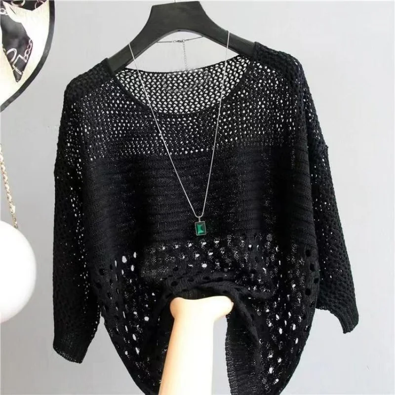 Trend Multicolor O-Neck Hollow Stripe Knit Thin Sweater T-shirt Crochet Cover Up Top Summer Crop Top Sweet Casual Women Clothes