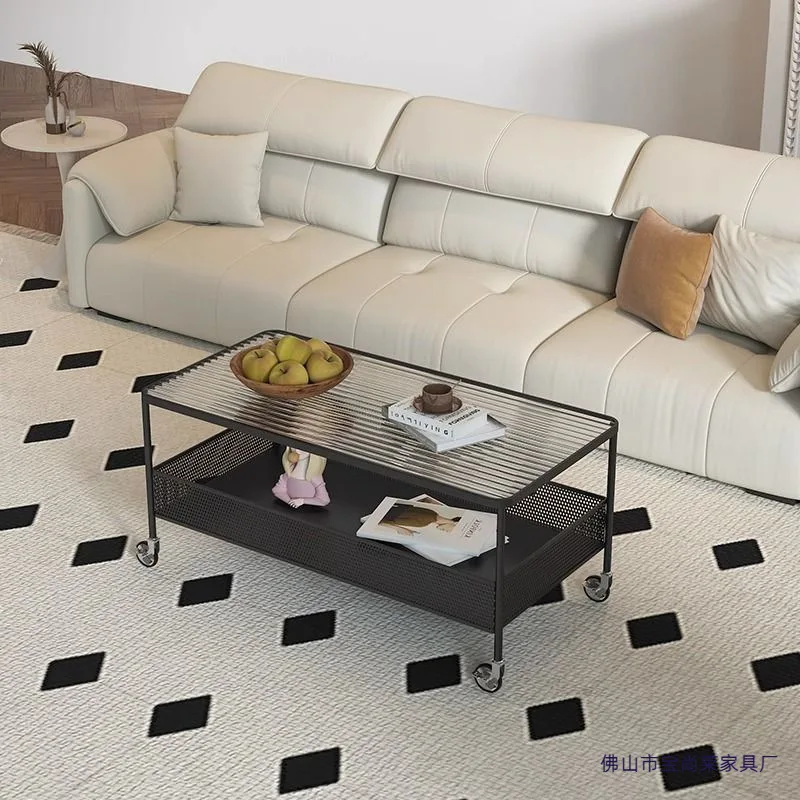 Cream wind rectangular movable glass coffee table simple modern small apartment living room light luxury