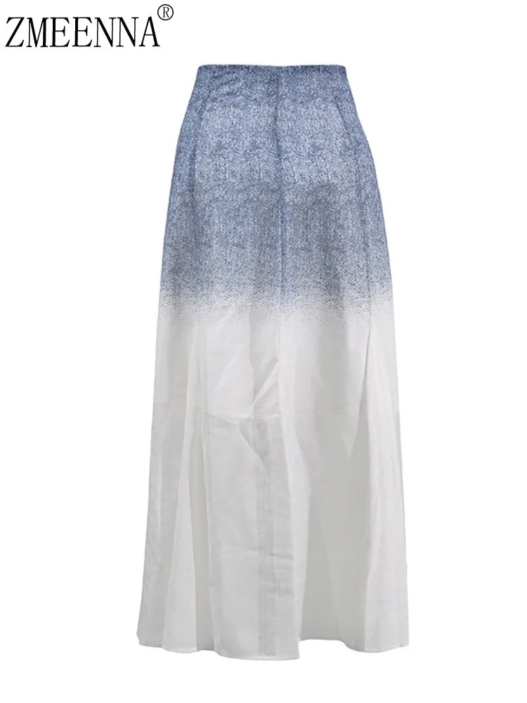 

ZMEENNA Women's High Waisted A-Line Maxi Skirt Ombre Gradient Print Casual Flowy Summer Beach Vacation White Blue ZM3258