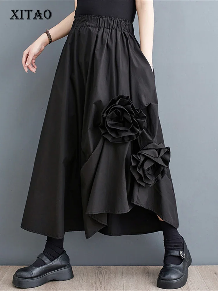 

XITAO Floral Black Skirt Fashion Women Elegant Goddess Fan Irregular Elastic Waist Minority Loose Elegant Skirt WLD16640