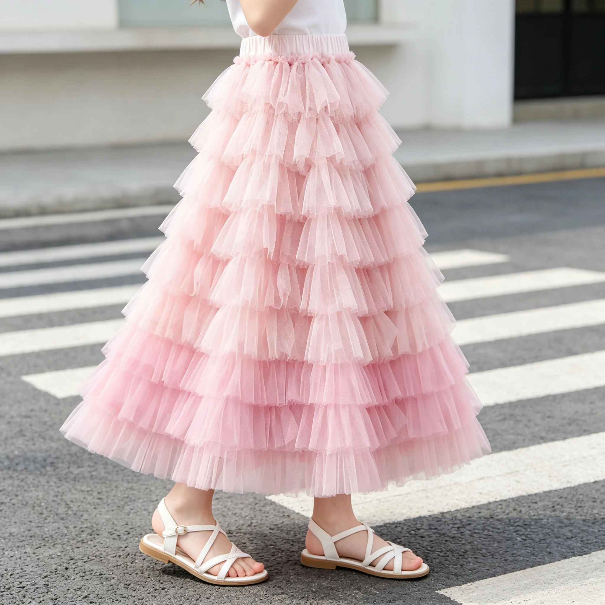 Girls Pink Gradient Tiered Tulle Skirt Elastic Waist Flowy Long Skirt for Teens Summer Party Casual Daily Wear Vacation Outfit