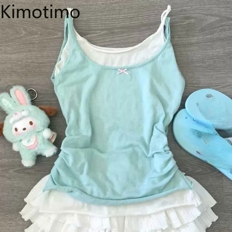 Kimotimo Japanese Sweet Camisole Vest Women Summer Y2k Aesthetic Sleeveless Slim Fit Tops Sexy Spicy Girl Fake Two Piece Tanks