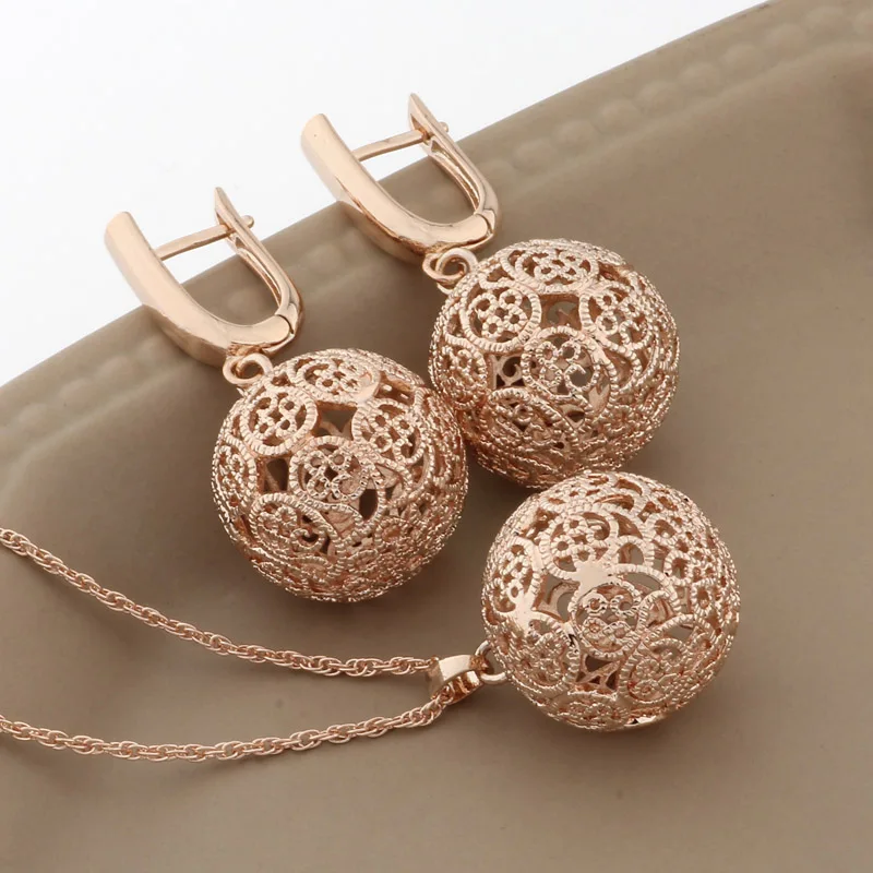 New Big Pattern Hollow Jewelry Sets 585 Rose Gold Color Women Fashion Sets Unique Unusual Earrings Jewelry