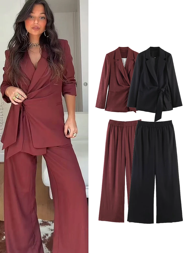 

Женский костюм-двойка TFMLN: пиджак и брюки, весна-осень 2026, с завязками на талии, свободные прямые брюки, простой и элегантный образ