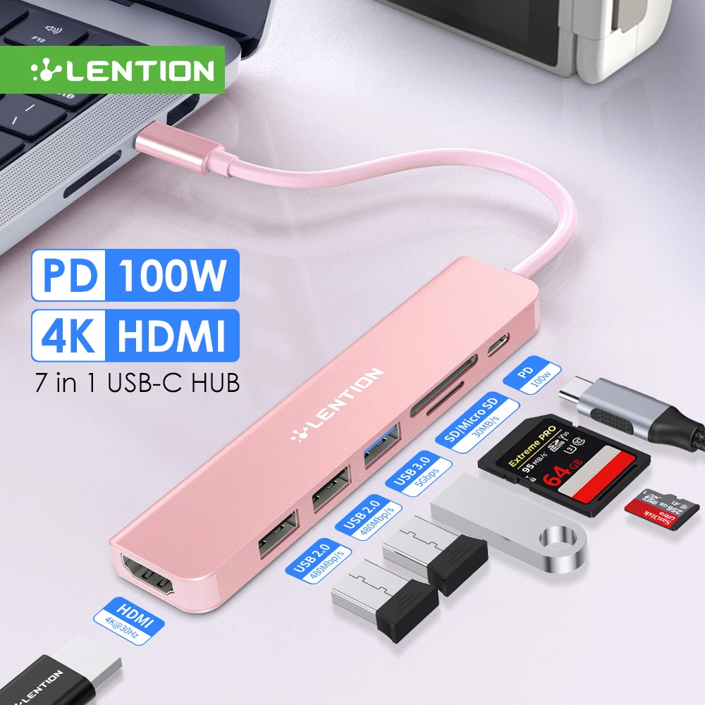 

USB-концентратор LENTION, 4K, 30 Гц, 7 в 1, HDMI, PD100W, USB 3,0