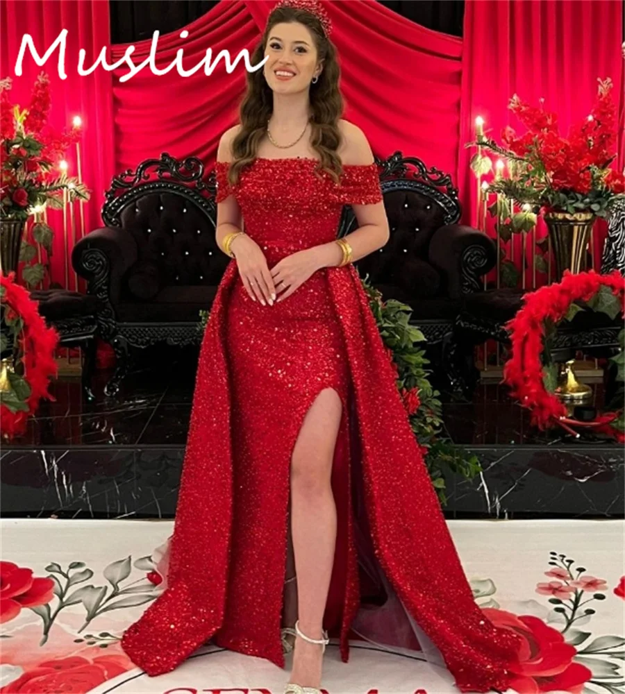 

Sparkly Red Evening Dress With Detachable Train Off Shoulder Shine Sequin Prom Dress With Slit Mermaid Birthday Customized