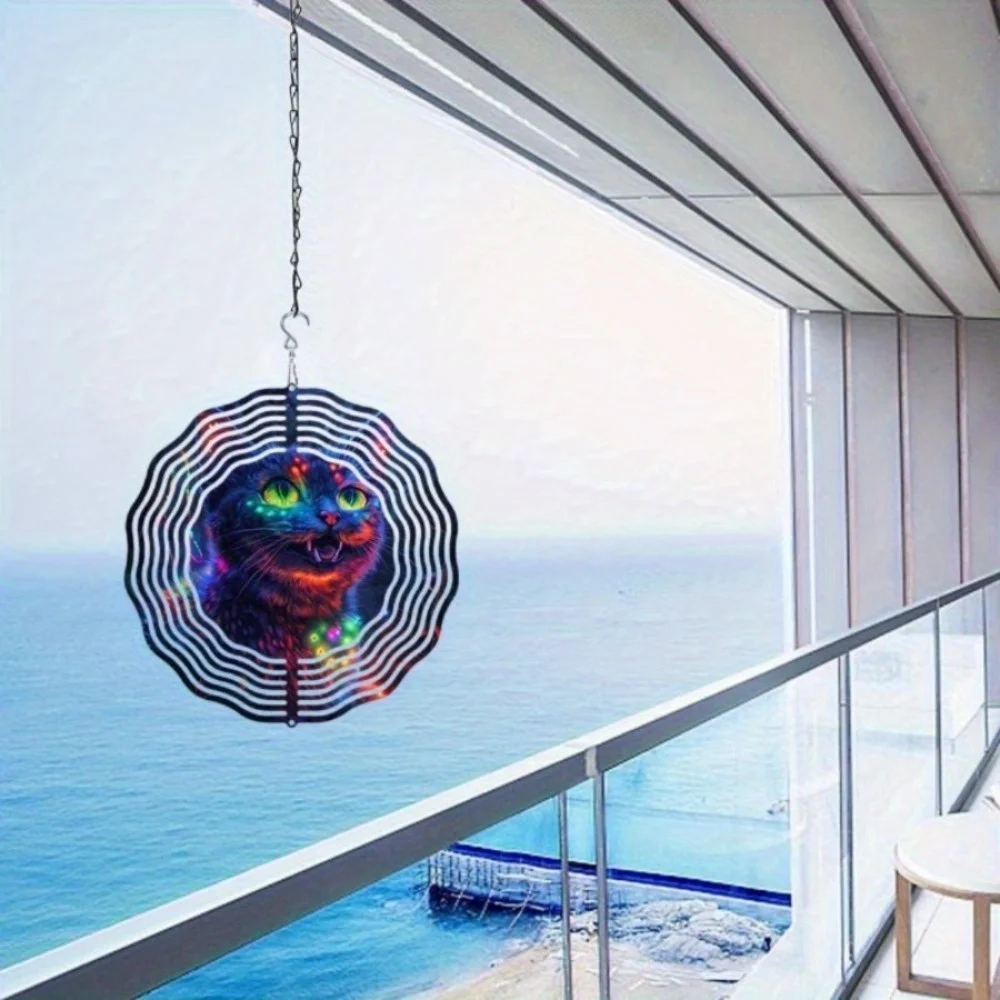 Campanella a vento in metallo con gatto blu ad energia solare (Sorriso misterioso) |   Decorazione da appendere |   Regalo ideale per Halloween e Natale