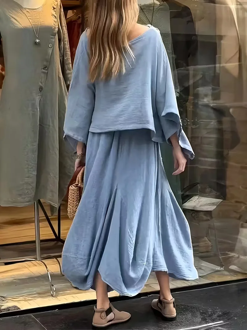 ツーピース レディース シックなバットウィング ケープ シャツとアシンメトリー アンクル スカート ストリートウェア セット（ポケット付き）