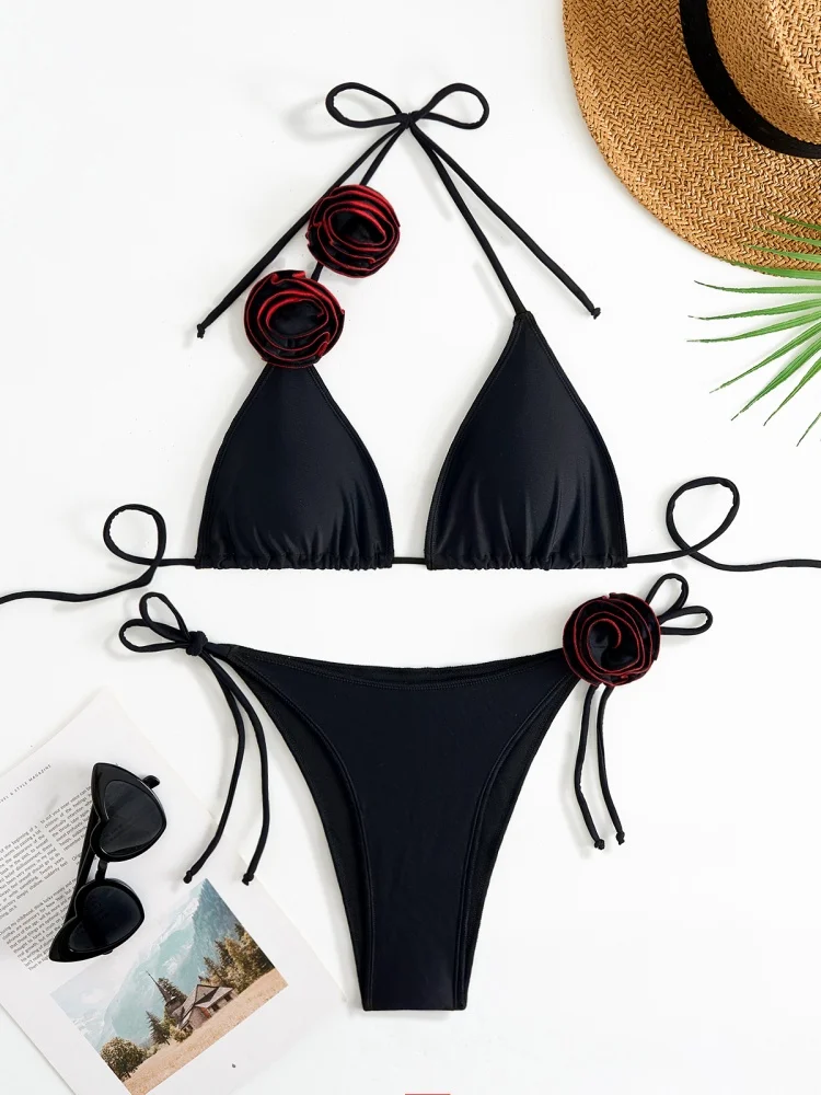 

Bikini Women Swimsuit 2025 New Solid Rose Halter Design Bikinis Set Sexy Lace Up Swimwear Summer Beachwear Bathing Suit Female