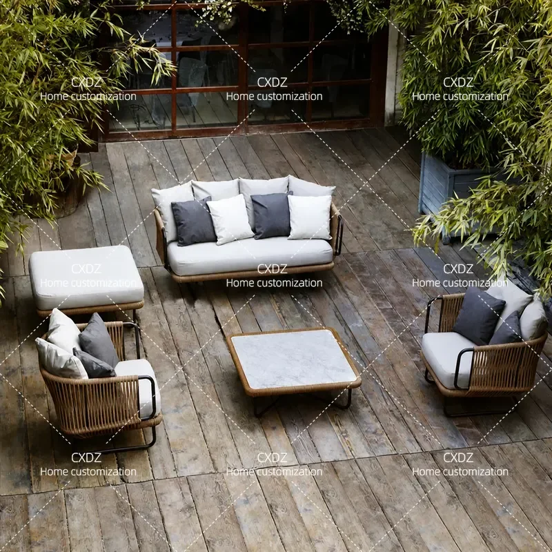 Outdoor Rattan Sofa Set for Courtyard Balcony Villa Weatherproof Single Chair and Combination Furniture for Homestay Leisure