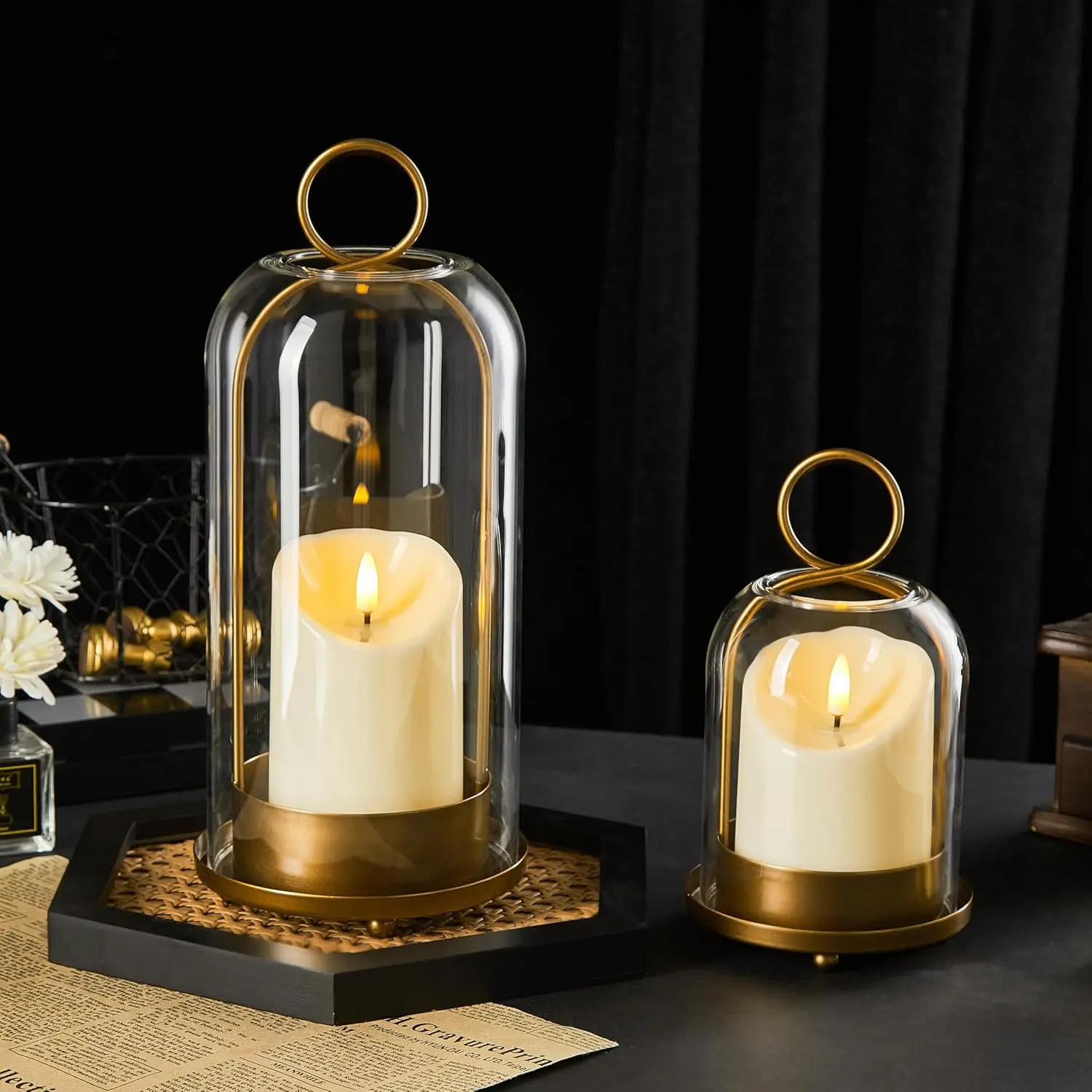 

Set of 2 Metal Hurricane Candle Holders with Glass Dome & Timer LED Candles, Versatile Home Decor