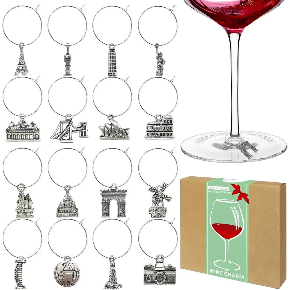 Set of 16 Elegant Wine Glass Charms for Tasting Parties and Decorative Stemware Tags
