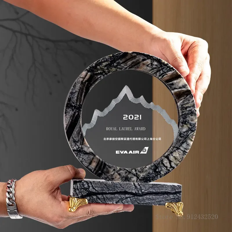 Customized Creative Marble Crystal Trophy, Excellent Staff Award, Commemorative Awards, Honorable Mountain, High-End Round , 1Pc