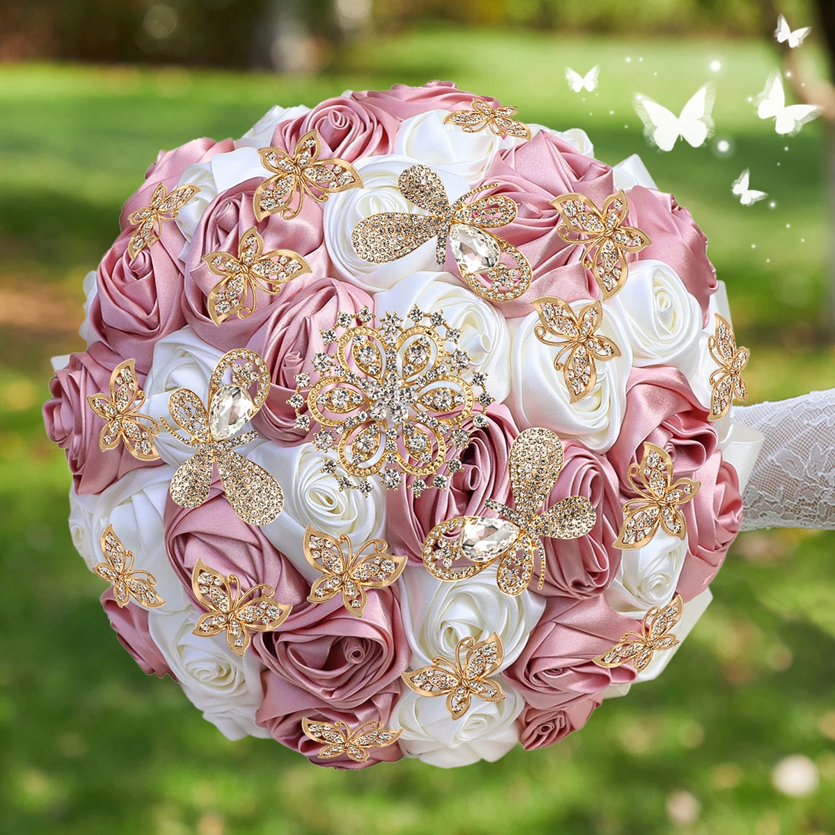 

Champagne Luxury Crystal butterfly simulation rose Bride bouquet Bridesmaids wedding bouquet Church decoration bouquet W807A