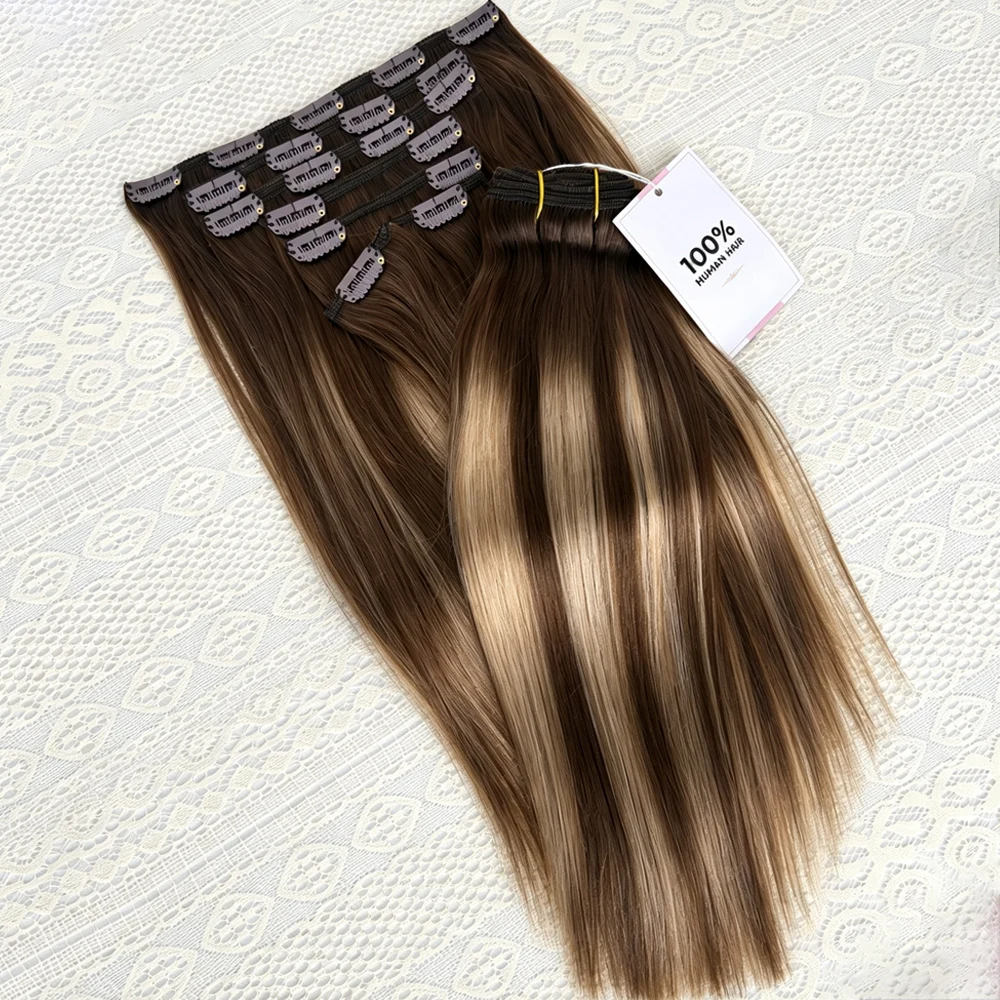 120Grams/7Pcs/Sets Clip In Hair Extensions 100% Human Hair 18-26 Inch Real Remy Straight Hair T4/27/P4 Highlight Ombre Colored Clip On Hair Extension For Women