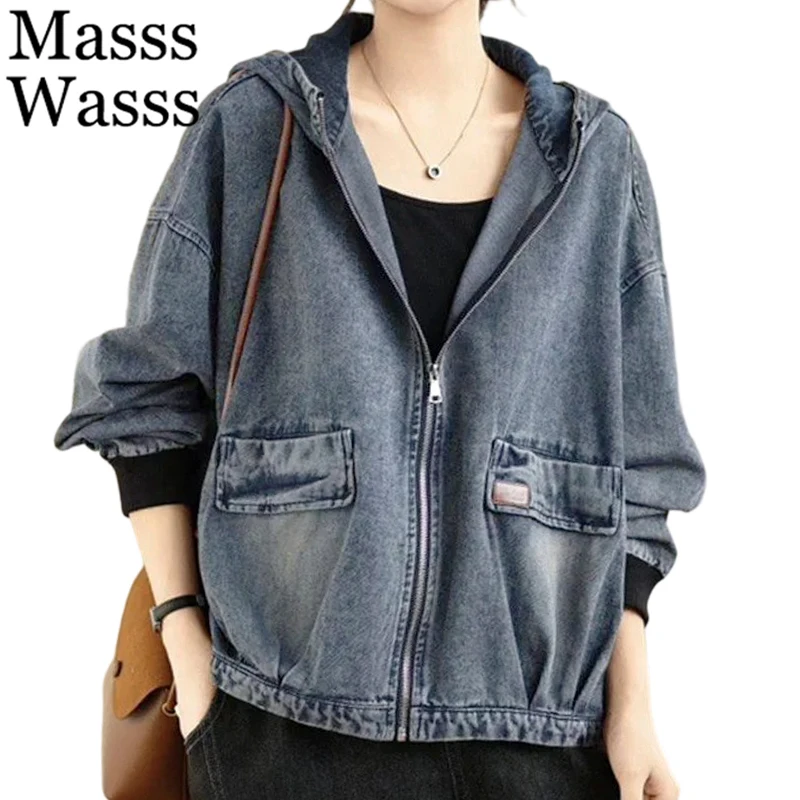 Masss Wasss Punk Spring Vintage Hooded Ladies Denim Jackets Fashion Leisure Classic Outerwear Loose Harajuku Streetwear Clothes