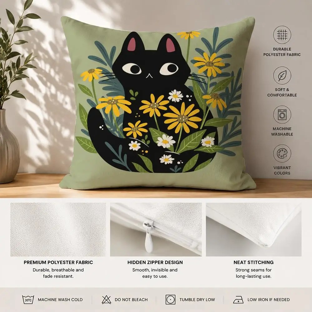 Forest-style Daisy And Cat Print Cushion Cover 40x40cm Square Decorative Sofa Cushion Cover Bedroom Living Room Home Decor Gift