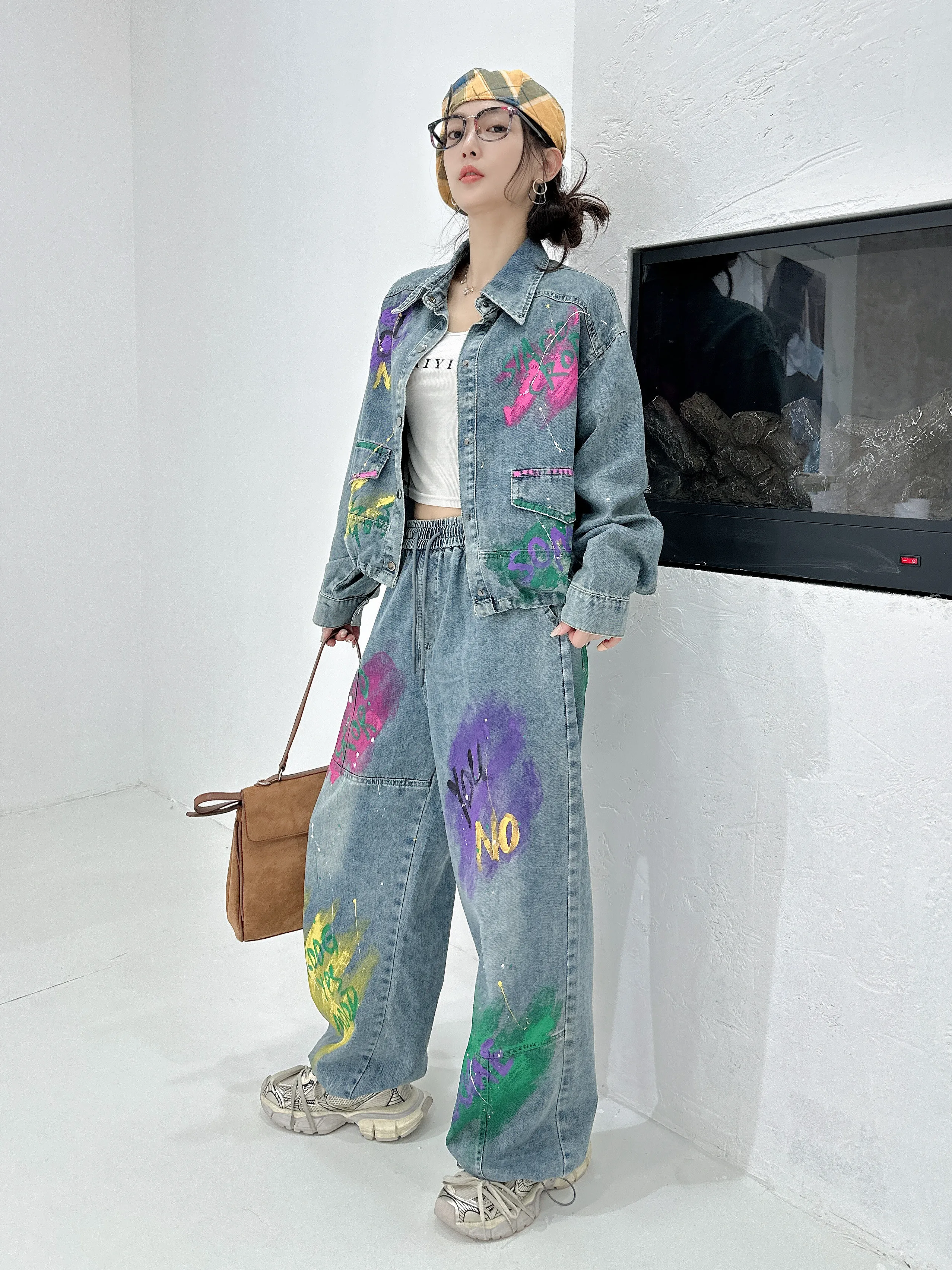 Retro Graffiti Printed Women Denim Sets New Autumn Turn-down Collar Long Sleeve Short Jacket Coat + Elastic Waist Straight Pants