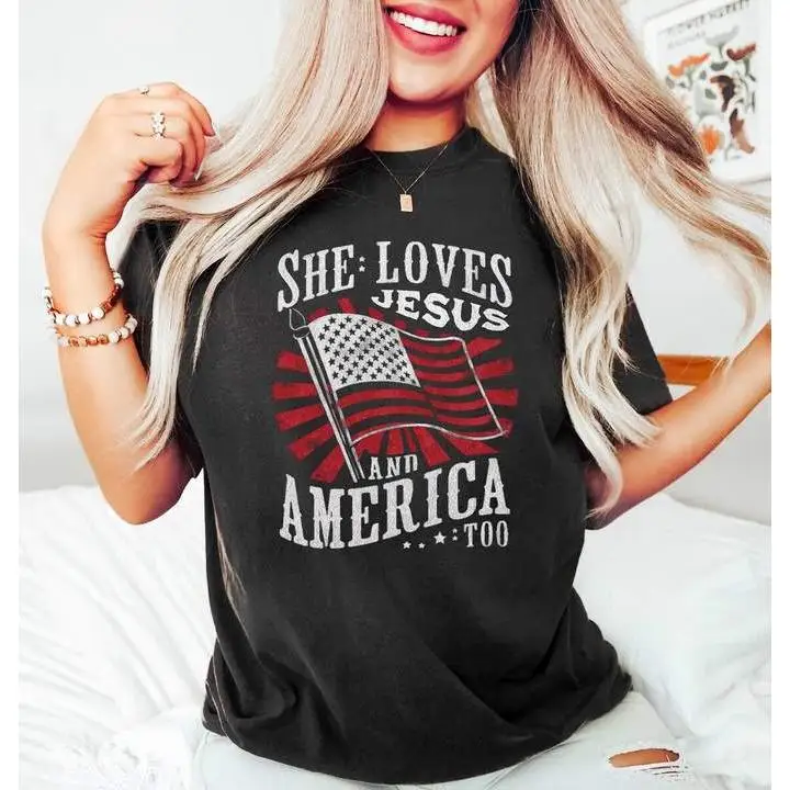 

Women's Christian Patriotic T-Shirt, "She Loves Jesus and America Too" Faith Blouse, American Flag Print Loose Top,Summer Casual
