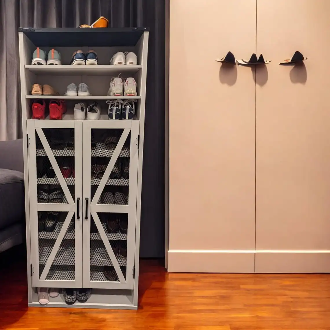 

Rustic Tall Shoe Cabinet Farmhouse Entryway Organization with Adjustable Shelves And Mesh Doors For Stylish Space Saving Storage