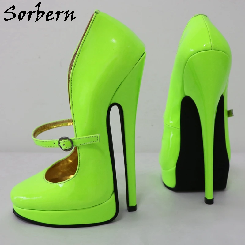 Sorbern Neon Green Women Pumps punta tonda Mary Janes 18Cm tacco alto tacchi a spillo piattaforma inclinata Sissy Boy Fetish Heeled