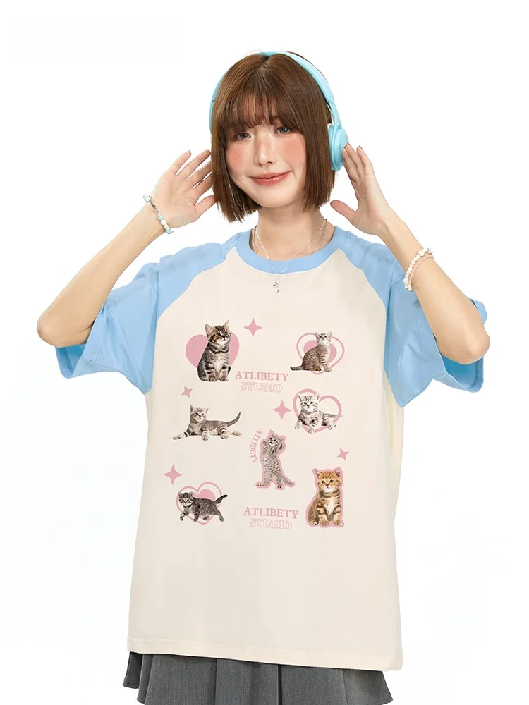 

Женская футболка ATLIBE в американском ретро-стиле с милым принтом, свободного кроя, из чистого хлопка, с цветными блоками, летний топ в уличном стиле