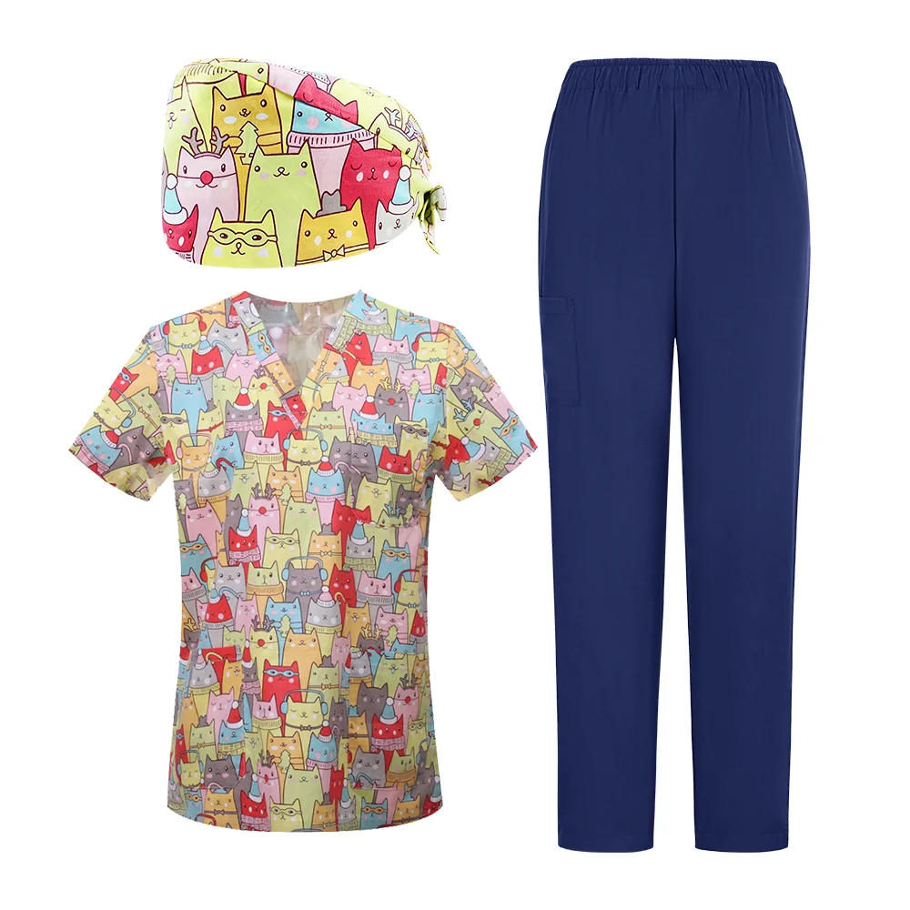 زي ممرضة الصيدلة بأكمام قصيرة، ملابس عمل لمستشفى الحيوانات الأليفة، زي جراحة الأسنان، بدلة مكونة من ثلاث قطع مطبوعة برسوم كرتونية طبية