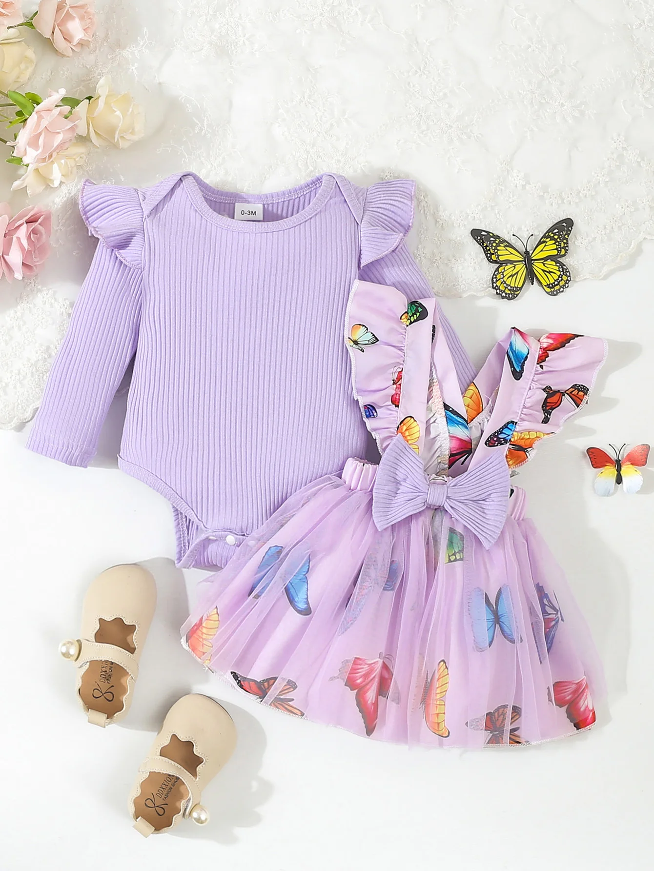 

Baby Girl Elegant Cute Purple Mesh Butterfly Print Skirt Bow Ruffle Bib Dress with Pit Strip Small Fly Sleeve Round Neck Triangle Bodysuit 2pcs