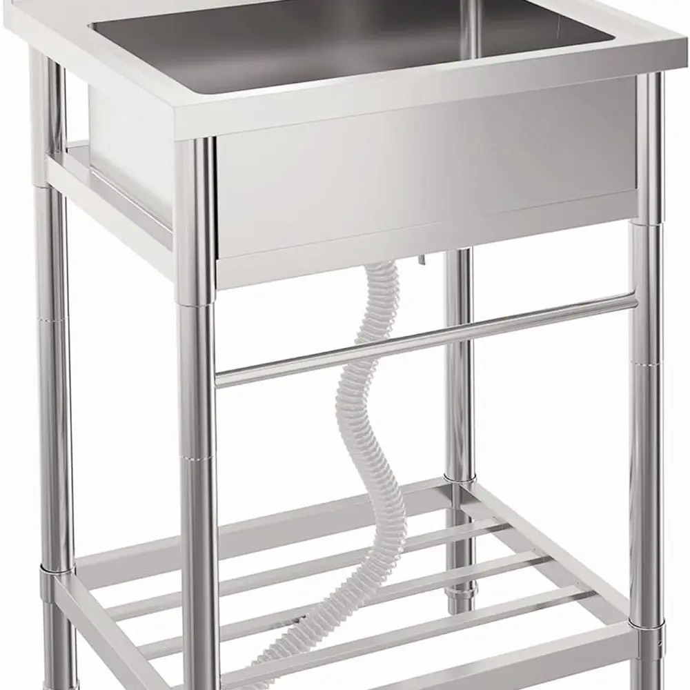 

24 Inch Free Standing Sink, Single Bowl Stainless Steel Utility Sink with Cold/Hot Water Pipe, Storage Rack, Faucet and Adjustab