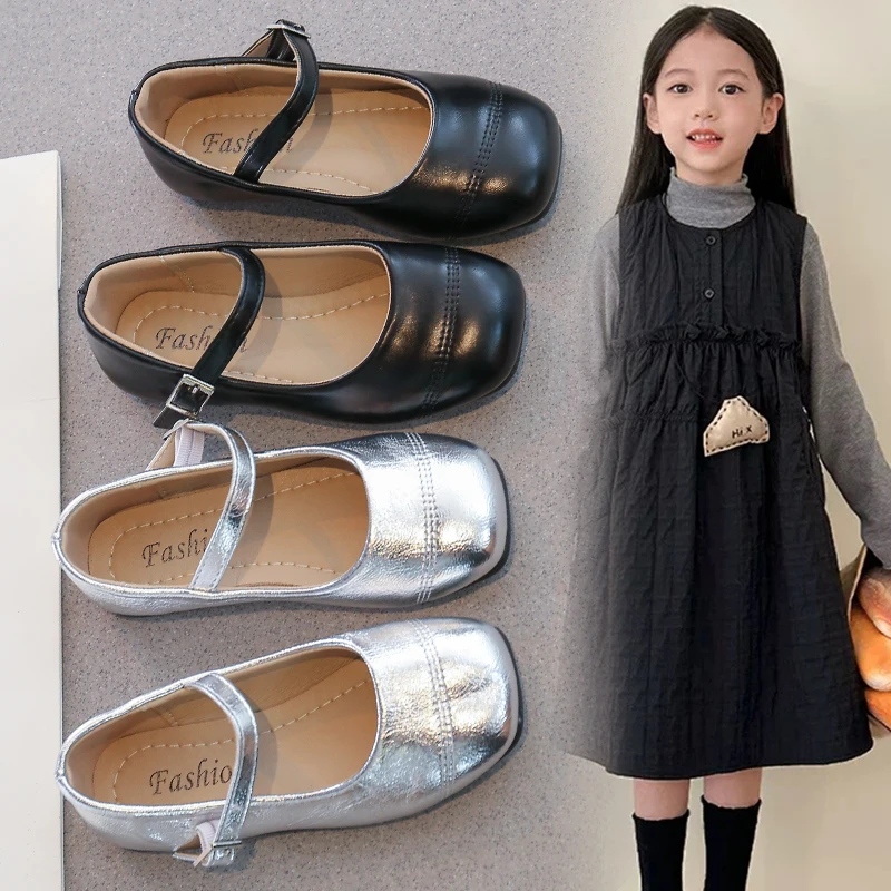 Girls Soft Flats Silver Black Color Narrow Kids Mary Janes Square Toes Comfortable Children School Party Wedding Shoes 26-37 New