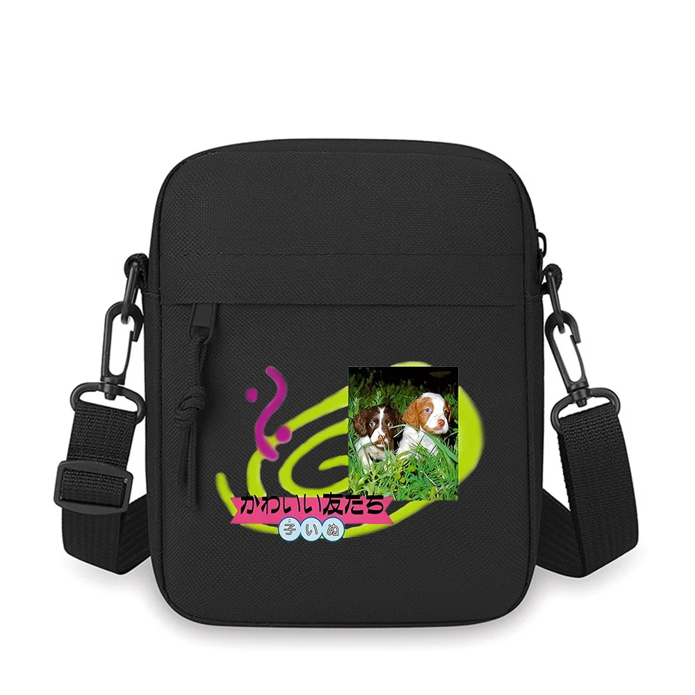 Cute puppy friend image,grassy environment. Men Crossbody Bag Single Shoulder Women Cartoon Anime Film Printing Design Unisex