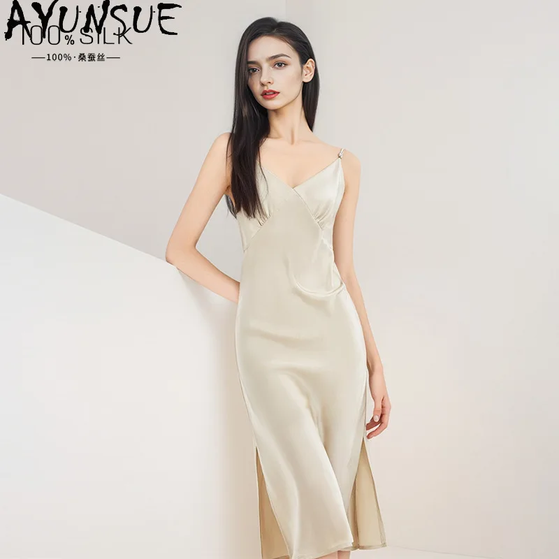 AYUNSUE 100% Silk Night Dress Woman Luxury Solid Color Sleeveless Nightgown Sexy Backless Sleepwear Pajamas for Women Пижама