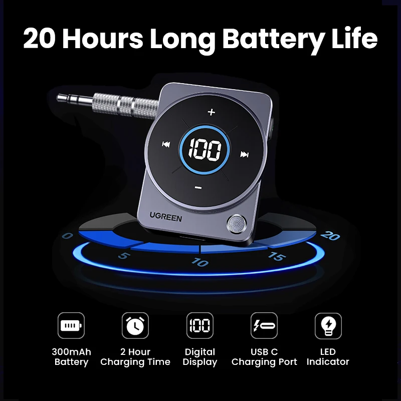 UGREEN Bluetooth 5.4 Aux Adapter Wireless 3.5mm Audio  Music for Car 20H Battery Life Screen Display SBC AAC