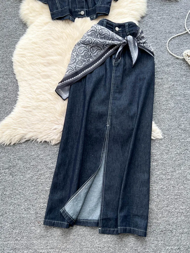 American Sle Spicy Girl Kerah Retro atau Denim Jaet Atasan Syal Sutra Rok Belah Pinggang Tinggi Kasual Dua Potong Set