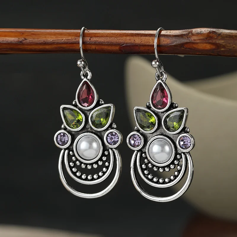 Ladies' Vintage Silver Plated Dangling Earrings Inlay Colored Water Droplet Shaped Zircon Crescent Earrings Fashion Accessory