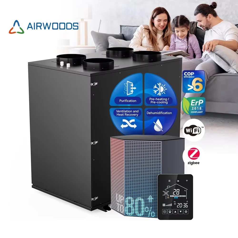 

Smart Air Heat Recovery Ventilation System Heating Cooling Dehumidification Vertical Compact Hrv Tuya Wifi HMI 350-920 Airflow